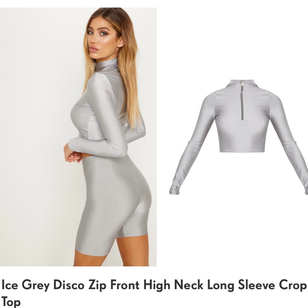 PrettyLittle Thing - Disco Zip Front High Neck Long Sleeve Crop Top/Cycle Short